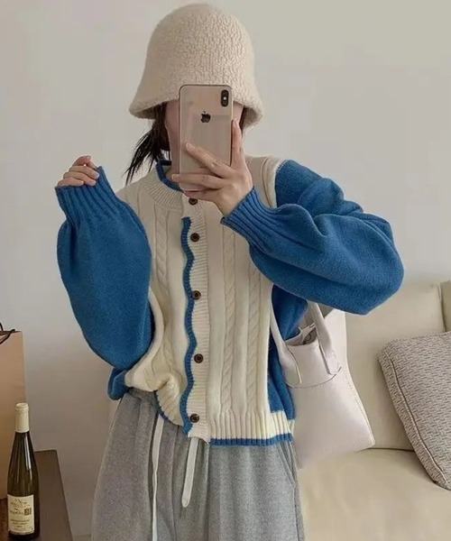 LYEON(リヨン)の「レトロ風切り替えリブカーディガン(カーディガン/ボレロ・レディース・グリーン/パープル/ブルー/ベージュ・FREE)」の4枚目の写真