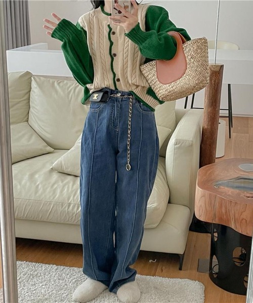 LYEON(リヨン)の「レトロ風切り替えリブカーディガン(カーディガン/ボレロ・レディース・グリーン/パープル/ブルー/ベージュ・FREE)」の6枚目の写真