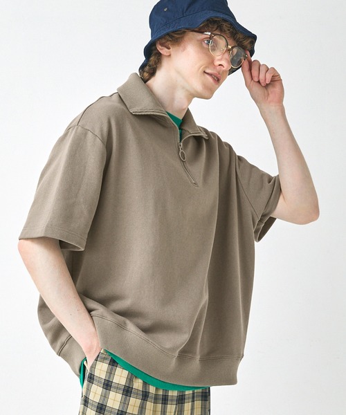 EMMA CLOTHES(エマクローズ)の「オーバーサイズ ビッグカラー ハーフジップ S/Sプルオーバースウェット EMMA CLOTHES(Tシャツ/カットソー・メンズ・アッシュブラウン/杢グレー/ブラック/グリーン系1/アイボリー/カーキ・L/M)」の4枚目の写真