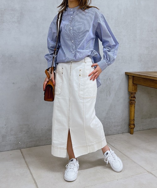 un dix cors（アンディコール）の「パール釦バンドカラーシンプルシャツ（シャツ/ブラウス・レディース・オフホワイト/ブルー/ベージュ・FREE）」の5枚目の写真