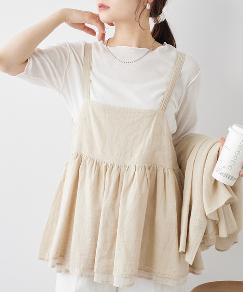 PUAL CE CIN（ピュアルセシン）の「コットンリネン ギャザーキャミソールブラウス（キャミソール・レディース・オフホワイト/ブラック/ナチュラル・FREE）」の8枚目の写真