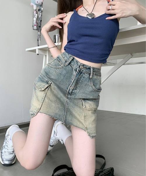 Chick(チック)の「▲Vintage Washed Denim Mini Skirt / ウォッシュ加工ヴィンテージデニムミニスカート(デニムスカート・レディース・ブルー・L/M/S)」の4枚目の写真