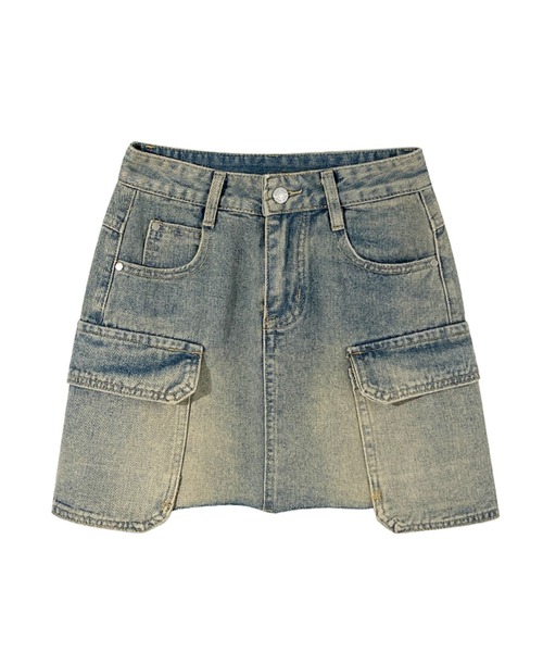 Chick(チック)の「▲Vintage Washed Denim Mini Skirt / ウォッシュ加工ヴィンテージデニムミニスカート(デニムスカート・レディース・ブルー・L/M/S)」の2枚目の写真