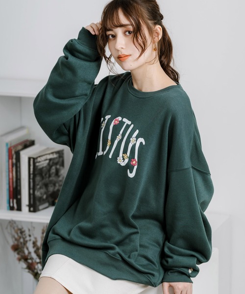 Rocky Monroe（ロッキーモンロー）の「オーバーサイズフラワー刺繍裏起毛スウェット/トレーナー（スウェット・メンズ・ブラック/オートミール/杢グレー/グリーン/ホワイト/ブルー/ライトグレー系/ブラック系1/ブルー系1/グリーン系/ホワイト系/ライトグレー系1/ホワイト系1/グリーン系1/ブラック系/グレー系1/ブルー系/グレー系・M/L/XL）」の14枚目の写真