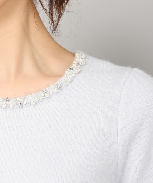 美品　Rene　ネックビジューニット 美品】Rene 襟付きウールニット ビジュー 花モチーフ リボン