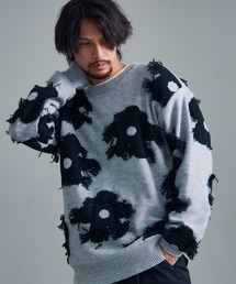 『CavariA/キャバリア』綿タッチアクリルニットジャガードフリンジフラワー長袖トレーナー