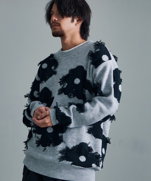 【セール】『CavariA/キャバリア』綿タッチアクリルニットジャガードフリンジフラワー長袖トレーナー（スウェット）｜SILVER BULLET（シルバーバレット）
