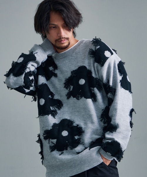 【セール】『CavariA/キャバリア』綿タッチアクリルニットジャガードフリンジフラワー長袖トレーナー（スウェット）｜SILVER BULLET（シルバーバレット）