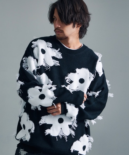 【セール】『CavariA/キャバリア』綿タッチアクリルニットジャガードフリンジフラワー長袖トレーナー（スウェット）｜SILVER BULLET（シルバーバレット）