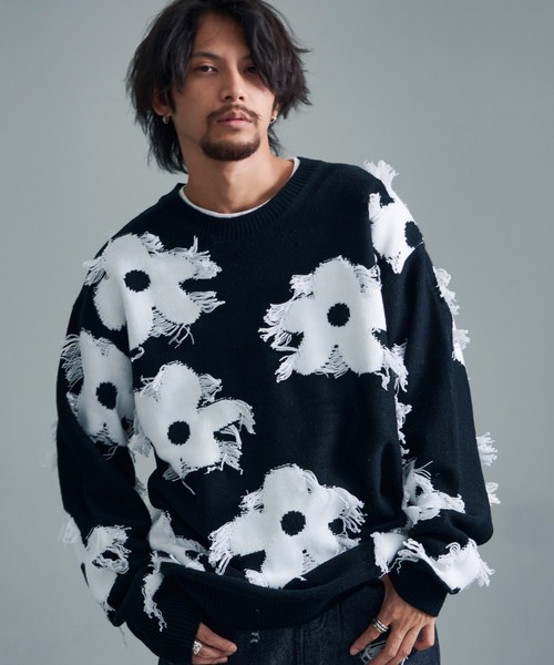 【セール】『CavariA/キャバリア』綿タッチアクリルニットジャガードフリンジフラワー長袖トレーナー（スウェット）｜SILVER BULLET（シルバーバレット）
