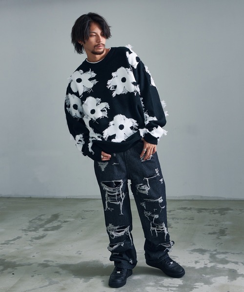 【セール】『CavariA/キャバリア』綿タッチアクリルニットジャガードフリンジフラワー長袖トレーナー（スウェット）｜SILVER BULLET（シルバーバレット）