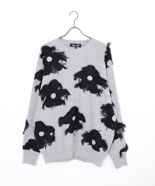【セール】『CavariA/キャバリア』綿タッチアクリルニットジャガードフリンジフラワー長袖トレーナー（スウェット）｜SILVER BULLET（シルバーバレット）