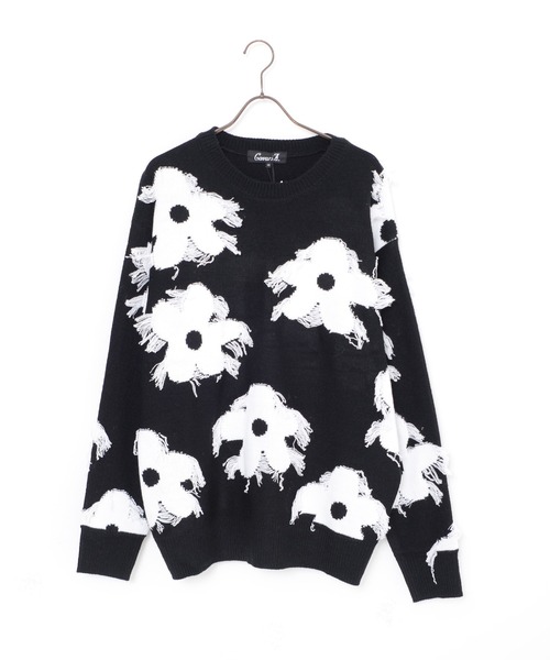 【セール】『CavariA/キャバリア』綿タッチアクリルニットジャガードフリンジフラワー長袖トレーナー（スウェット）｜SILVER BULLET（シルバーバレット）