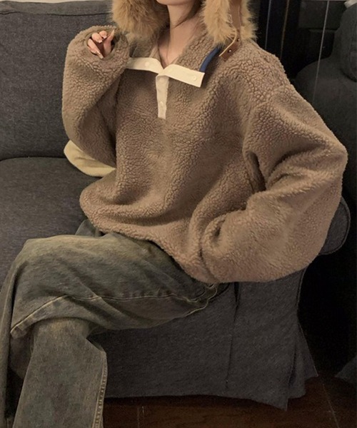 LYEON（リヨン）の「配色パイピングボアプルオーバー/ボアアノラックプルオーバー（スウェット・レディース・モカ・FREE）」の9枚目の写真