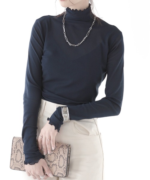 SUNFLOWER EIGHT（サンフラワーエイト）の「長袖シアートップスハイネック（Tシャツ/カットソー・レディース・ラベンダー/ネイビー/ホワイト/ブラック/チャコールグレー/ブルー/グリーン/ピンク/ライトグレー・M/L/LL）」の6枚目の写真