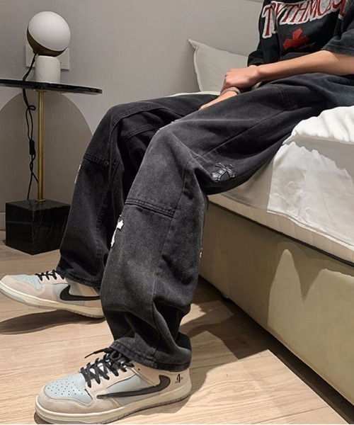 ☆men's デニムパンツ ジーンズ クロスパッチ 韓国系 クロスパッチ ルーズストレートデニムパンツ 十字ジーンズ