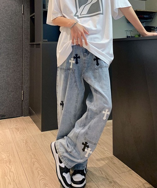 クロスパッチ ルーズストレートデニムパンツ 十字ジーンズ