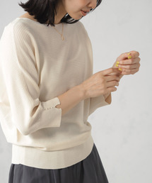 袖パールボタン7分袖ドルマンニットプルオーバー