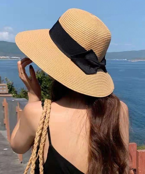 Miniministore（ミニミニストア）の「麦わら帽子 ストローハットリボン付き夏帽（ハット・レディース・ブラック/ピンク/キャメル/ベージュ/アイボリー・FREE）」の4枚目の写真