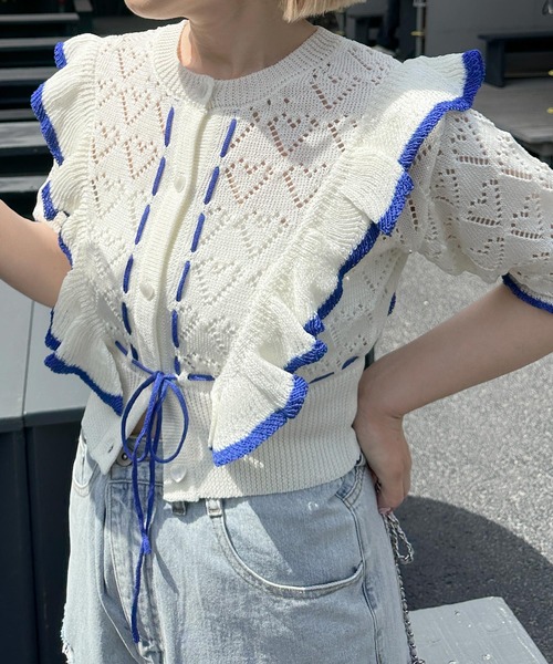 【新品未着用】ハート柄透かしフリル半袖カーデ　Alley by w closet Alley by w closet（アリーバイダブルクローゼット）の「【Alley
