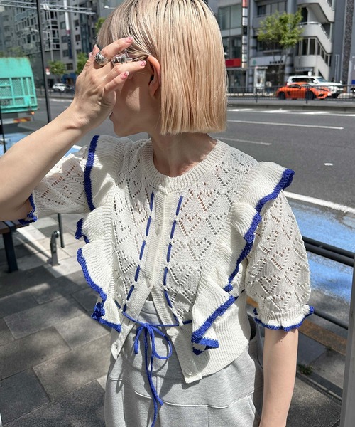 【新品未着用】ハート柄透かしフリル半袖カーデ　Alley by w closet Alley by w closet（アリーバイダブルクローゼット）の「【Alley