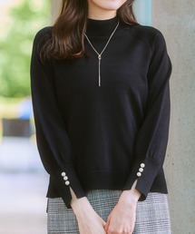 7days Life Styling | 袖スリットパール調ボタンモックネックニット（静電防止・毛玉になりにくい・UVカット・タンブル乾燥OK）(ニット/セーター)