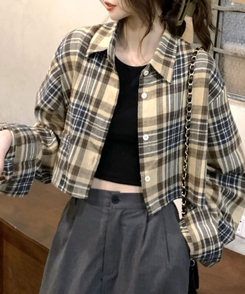Riff(リフ)の「チェック柄ショート丈シャツ(シャツ/ブラウス・レディース・ベージュ/ネイビー・FREE)」の9枚目の写真