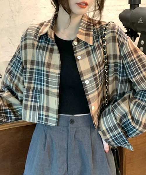 Riff(リフ)の「チェック柄ショート丈シャツ(シャツ/ブラウス・レディース・ベージュ/ネイビー・FREE)」の10枚目の写真