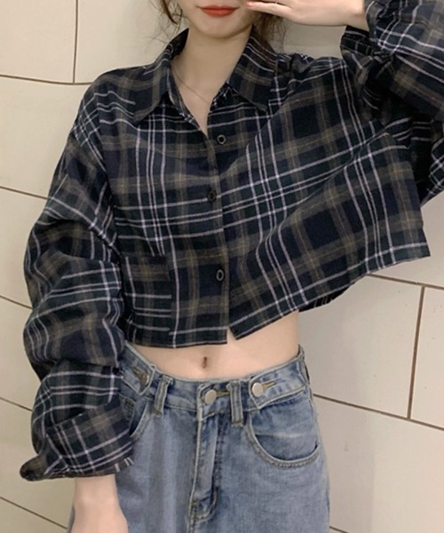 Riff(リフ)の「チェック柄ショート丈シャツ(シャツ/ブラウス・レディース・ベージュ/ネイビー・FREE)」の12枚目の写真