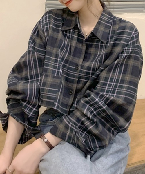 Riff(リフ)の「チェック柄ショート丈シャツ(シャツ/ブラウス・レディース・ベージュ/ネイビー・FREE)」の16枚目の写真