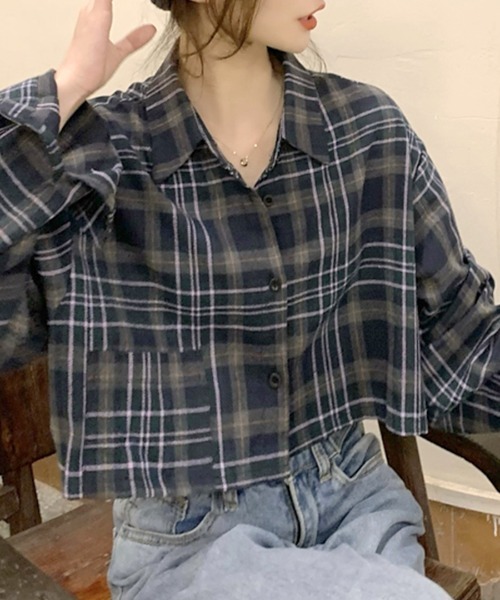 Riff(リフ)の「チェック柄ショート丈シャツ(シャツ/ブラウス・レディース・ベージュ/ネイビー・FREE)」の18枚目の写真