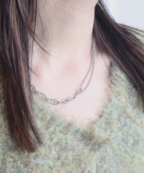 ボール＆デザインチェーンネックレス／ シルバー 鎖 シンプル 大人