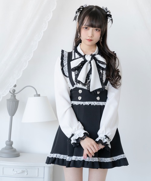 DearMyLove（ディアマイラブ）の「レースフリルたっぷり上品ボウタイリボンブラウス（シャツ/ブラウス・レディース・ボルドー/ブラック×ホワイト/ホワイト×ブルー/ホワイト×ブラック/ホワイト/ブラック/ホワイト×ピンク・LL/MEDIUM/3L/LARGE）」の4枚目の写真