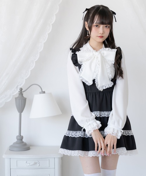 DearMyLove（ディアマイラブ）の「レースフリルたっぷり上品ボウタイリボンブラウス（シャツ/ブラウス・レディース・ボルドー/ブラック×ホワイト/ホワイト×ブルー/ホワイト×ブラック/ホワイト/ブラック/ホワイト×ピンク・LL/MEDIUM/3L/LARGE）」の11枚目の写真