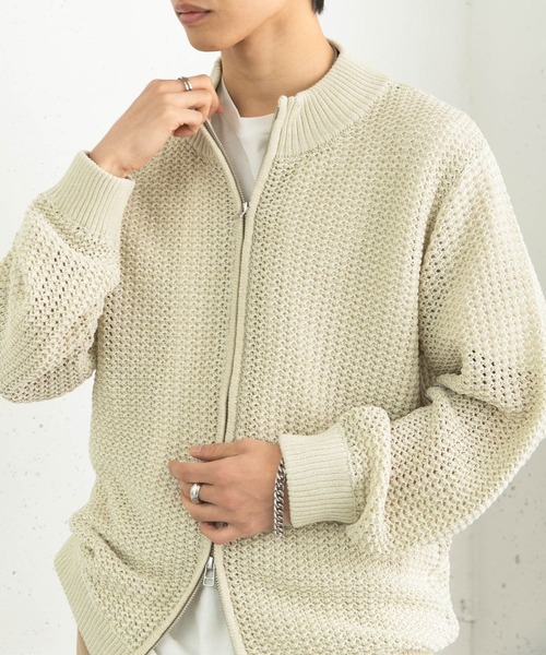 SENSE OF PLACE by URBAN RESEARCH（センスオブプレイスバイアーバンリサーチ）の「『ユニセックス』『洗濯可』シアーメッシュドライバーズカーディガン（カーディガン/ボレロ・メンズ・ブラック/アイボリー/ミント・LARGE/MEDIUM）」の12枚目の写真