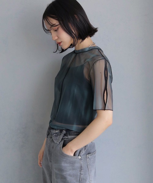 cheriella（シェリエラ）の「【cheriella】前後2WAYウェーブホールマーブルシアートップス半袖 2-WAY WAVE HOLE MARBLE SHEER SHORT TOPS（Tシャツ/カットソー・レディース・グリーン/カーキ/ワイン/チャコールグレー/ブルー/ベージュ・M）」の17枚目の写真