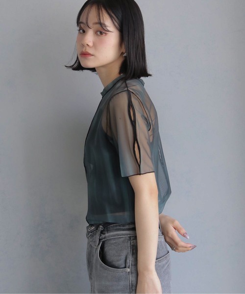 cheriella（シェリエラ）の「【cheriella】前後2WAYウェーブホールマーブルシアートップス半袖 2-WAY WAVE HOLE MARBLE SHEER SHORT TOPS（Tシャツ/カットソー・レディース・グリーン/カーキ/ワイン/チャコールグレー/ブルー/ベージュ・M）」の16枚目の写真