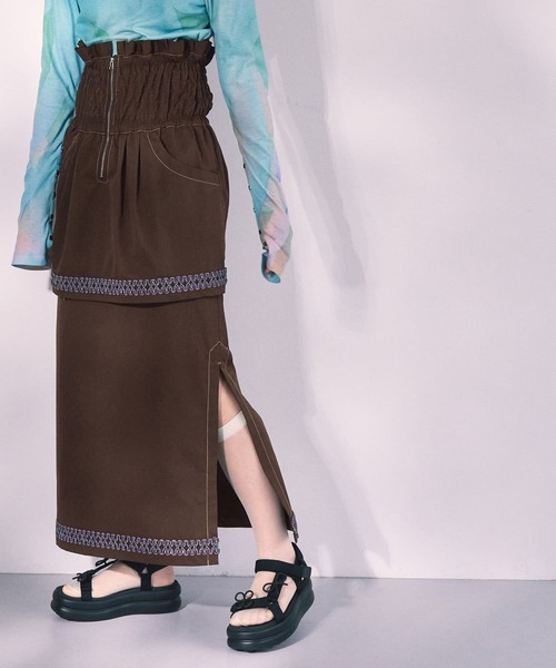 THE GOODLAND MARKET(ザグッドランドマーケット)の「cwtch MULTI LAYERED TIGHT SKIRT(ワンピース・レディース・ピンク/ブラウン/ライトベージュ・FREE)」の2枚目の写真