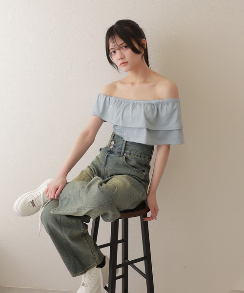 M DOLLY(エムドリー)の「asymmetry frill offshoulder tops/アシンメトリーフリルオフショルダートップス(Tシャツ/カットソー・レディース・ブラック/ブルー/ホワイト/ピンク・S/M)」の15枚目の写真
