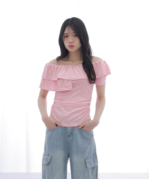 M DOLLY(エムドリー)の「asymmetry frill offshoulder tops/アシンメトリーフリルオフショルダートップス(Tシャツ/カットソー・レディース・ブラック/ブルー/ホワイト/ピンク・S/M)」の22枚目の写真