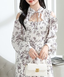 花柄 襟付き オフショル風 デザイン ロング ワンピース