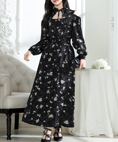 Lace Ladies(レースレディース)の「花柄 襟付き オフショル風 デザイン ロング ワンピース(ワンピース・レディース・ベージュ/ラベンダー/ブラック・S/FREE)」の2枚目の写真