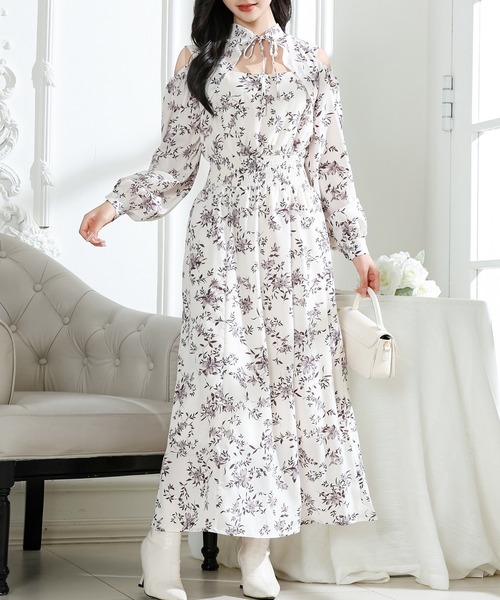 Lace Ladies(レースレディース)の「花柄 襟付き オフショル風 デザイン ロング ワンピース(ワンピース・レディース・ベージュ/ラベンダー/ブラック・S/FREE)」の5枚目の写真