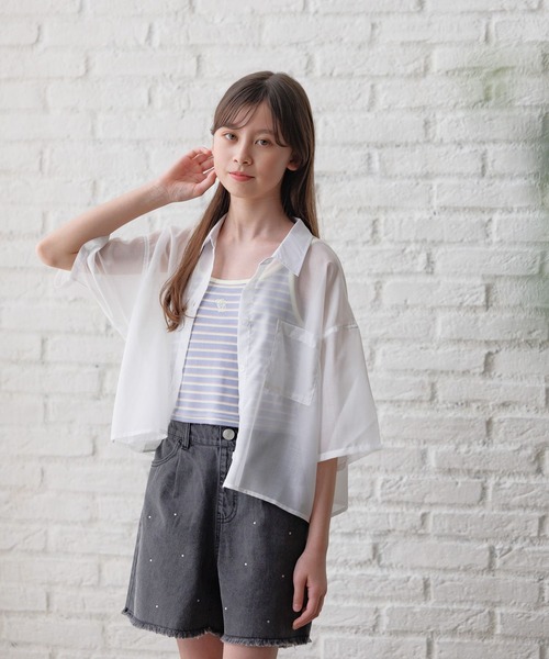 GLOBAL WORK（グローバルワーク）の「イージーDRYシアーシャツ半袖/452263（シャツ/ブラウス・キッズ・オフホワイト/チェック/パープル/グリーン/ブルー系その他・130cm/140cm/150cm/160cm）」の2枚目の写真