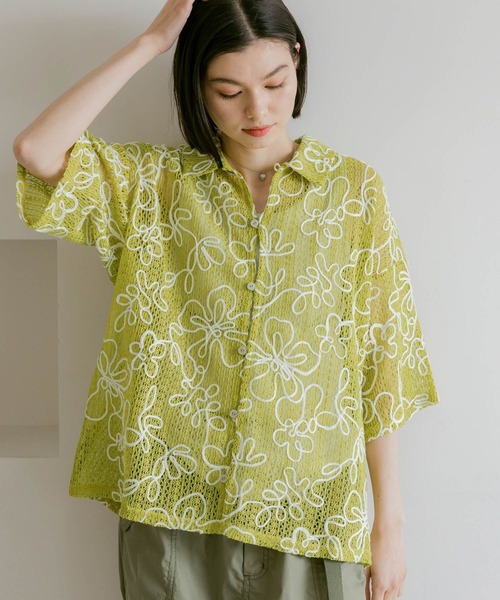 niko and...（ニコアンド）の「コード刺繍メッシュシャツ（シャツ/ブラウス・レディース・ブラック/オフホワイト/グリーン・FREE）」の3枚目の写真