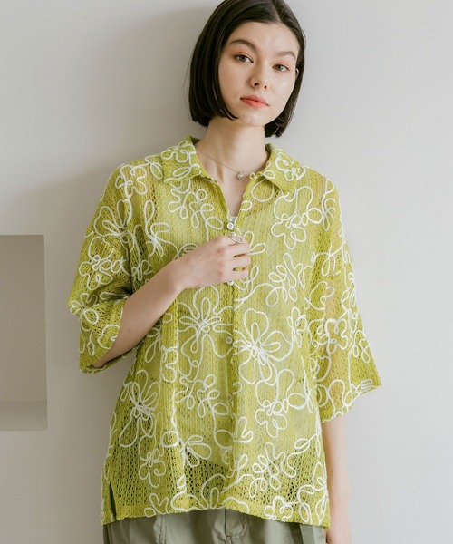 niko and...（ニコアンド）の「コード刺繍メッシュシャツ（シャツ/ブラウス・レディース・ブラック/オフホワイト/グリーン・FREE）」の7枚目の写真