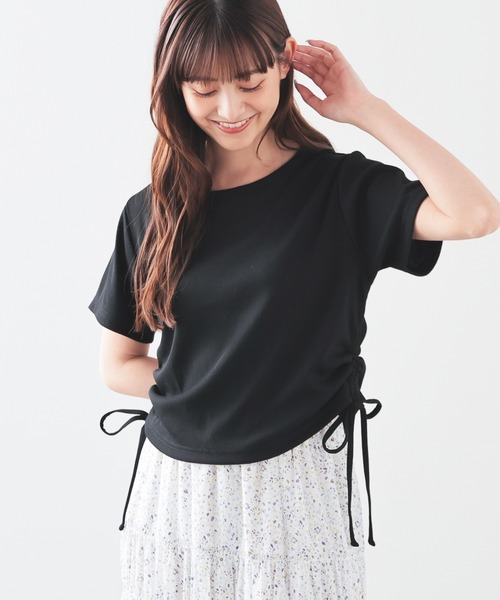 Honeys（ハニーズ）の「脇ドロストトップス（Tシャツ/カットソー・レディース・ホワイト×ブラック/ブラック/ホワイト/ボルドー・L/S/M）」の3枚目の写真