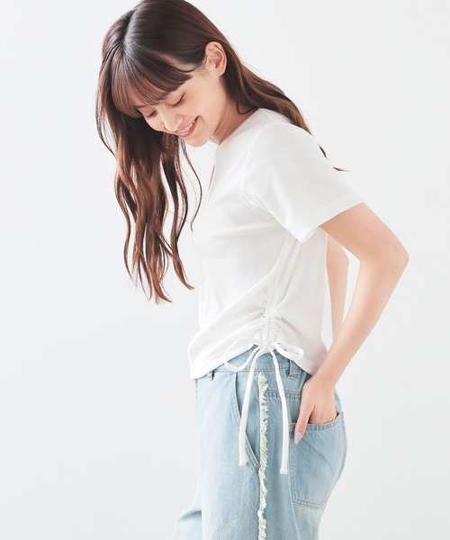 Honeys（ハニーズ）の「脇ドロストトップス（Tシャツ/カットソー・レディース・ホワイト×ブラック/ブラック/ホワイト/ボルドー・L/S/M）」の6枚目の写真