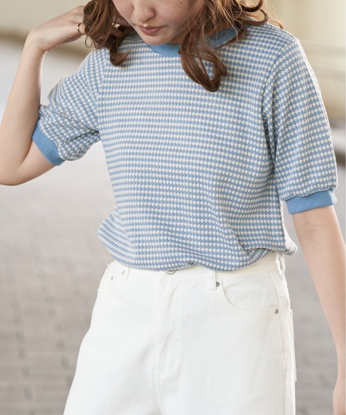 VENCEEXCHANGE（ヴァンスエクスチェンジ）の「レトロ柄ジャガードカットソー（Tシャツ/カットソー・レディース・ベージュ/オレンジ/ライトブルー・M/L）」の5枚目の写真