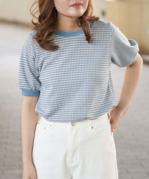VENCEEXCHANGE（ヴァンスエクスチェンジ）の「レトロ柄ジャガードカットソー（Tシャツ/カットソー・レディース・ベージュ/オレンジ/ライトブルー・M/L）」の4枚目の写真